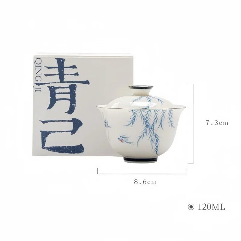Hand Painted Willow Birds Jade Porcelain Gaiwan For Tea Tureen Teaware Cup Chinese Tea Bowls Chawan Tea Ceramony Kung Fu Tea Set