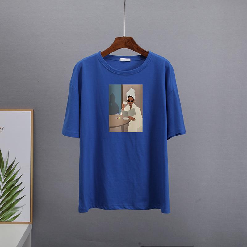 Hirsionsan T-shirt i bomull med löst tryck Dam Sommar Casual Nya Koreanska Trendiga Kortärmade T-shirts Kvinna Cool Girl Ins Toppar