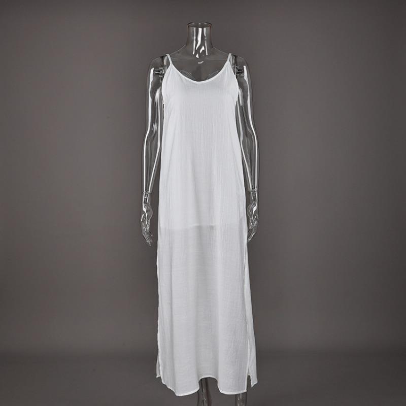 

2026 Loose V Neck Camisole Nightgown Long Dress Split Loose Home Wear Thin See Through Sexy Casual Dress A-line Solid Color Spaghetti Strap Dress S белый