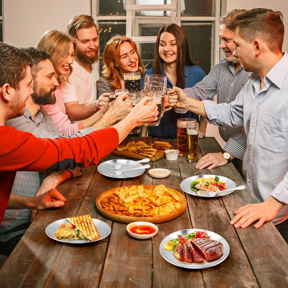 8 Pack Stainless Steel Plates, 8 Inches Metal Dinner Plate with Forks, Round Serving Camping Plates for Serving Dishes Dessert Salad, Unbreakable &