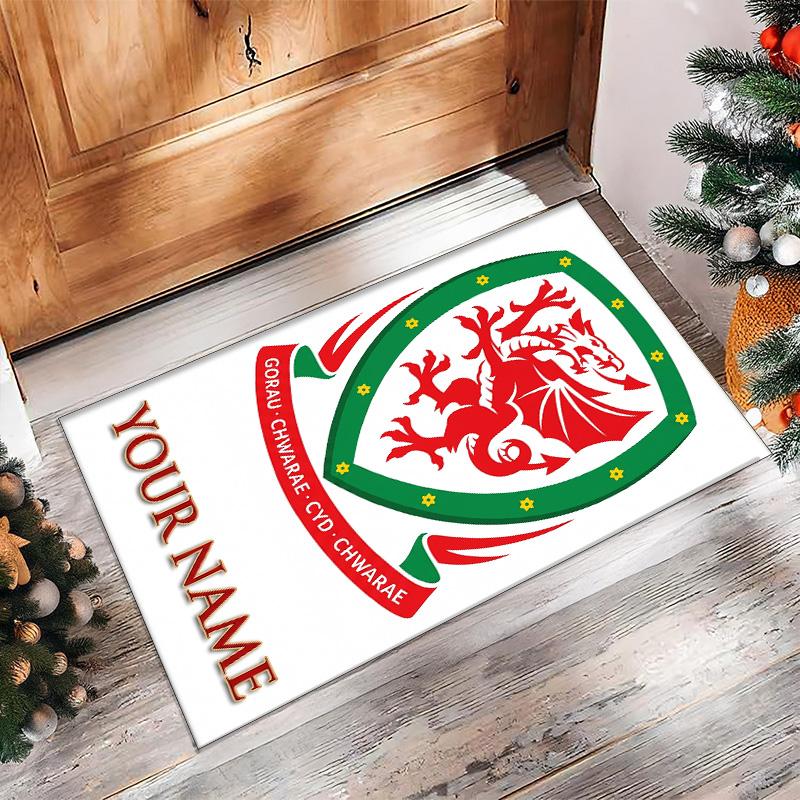 Wales Rugby Crystal Velvet Rug, Custom Name Text Personalized Non‑Slip Floor Mat for Home Decor Gift