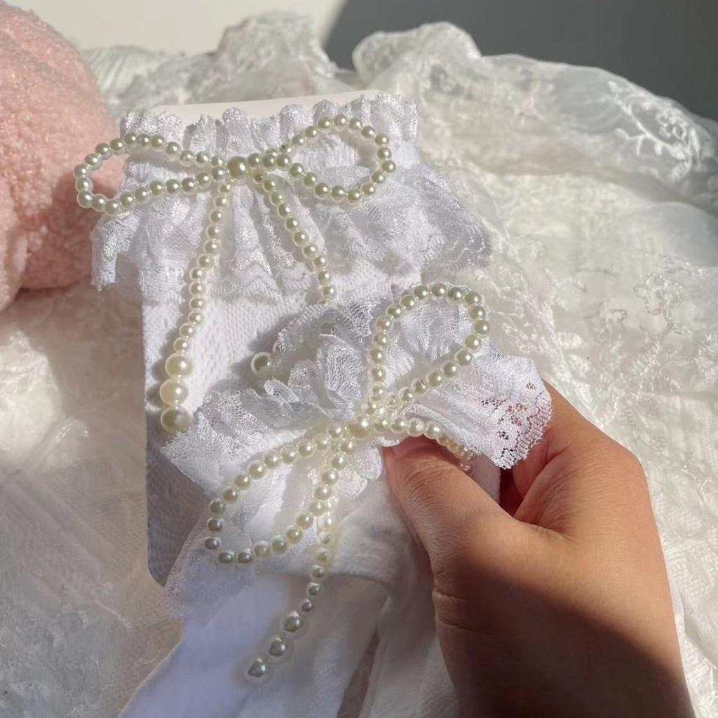 Cotton Lolita Stockings With Pearl Bow Decor For Winter Fashion