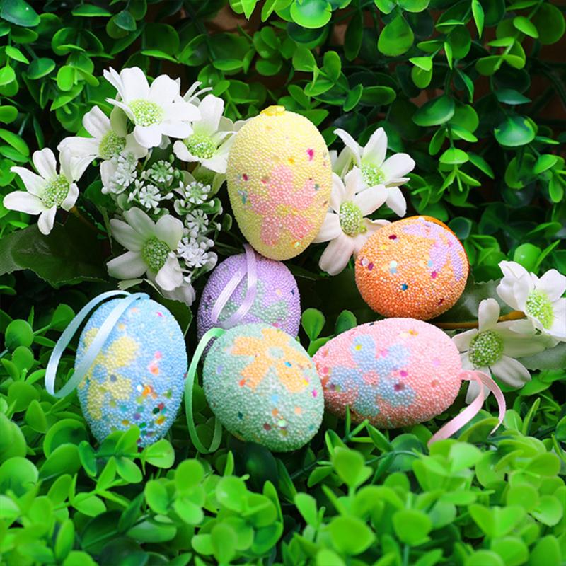6 Pcs/set Brightly Colored Easter  Eggs Lightweight Simulation Egg Pandent With Rope Reusable Diy