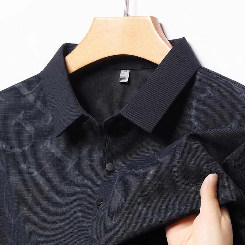Business Casual Short-Sleeved Men'S Lapel Breathable Polo Shirt Loose Half-Sleeved High-Elastic Printed T-Shirt