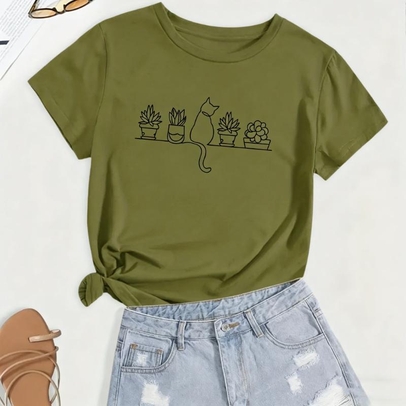 

Lovely Cartoon Cat Crewneck Print TShirt Short Sleeve Crew Neck Casual for Summer Spring Womens Clothing FeUnisex Tops Clothes S