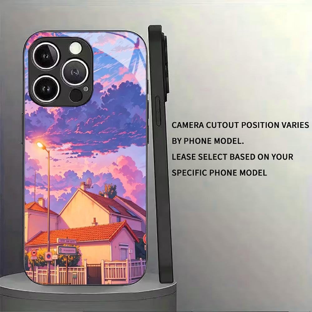 Dusk Sunset Scenery Tempered Glass Shockproof Case For iPhone 17 16 15 14 13 Pro Max Plus Lens Protection Phone Back Cover