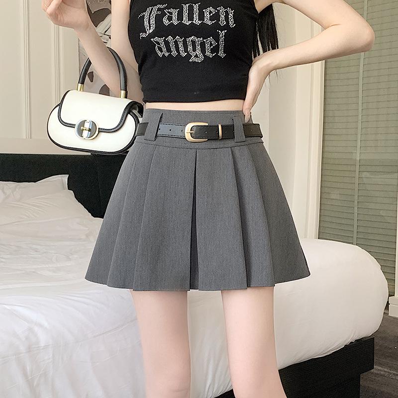 2025 Gray High-Waisted Academy Style Petite Pleated Summer Skirt
