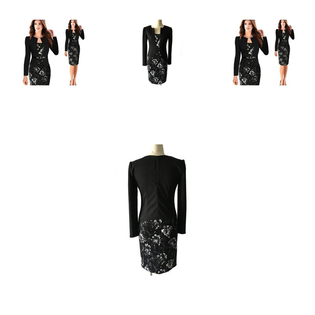 Women Splice Long Sleeve Belt Work Business Cocktail Formal Gown Dress Pencil