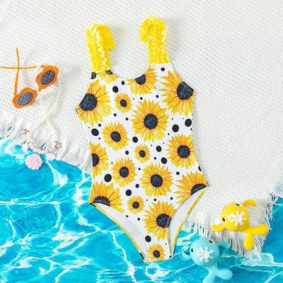 Koreanische süße Kinder Badeanzug Mädchen einteilige Strand tragen gelbe Sonnenblume gedruckt Mädchen Sommer Bademode
