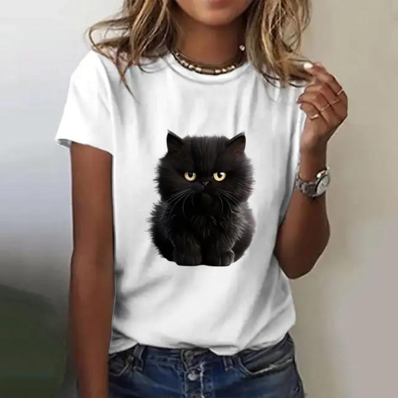 Women's summer short sleeved black cute cat printed T-shirt