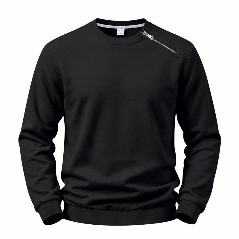 Men's Fleece Lined Solid Color Crew Neck Sweatshirt Diagonal Zip Pullover.