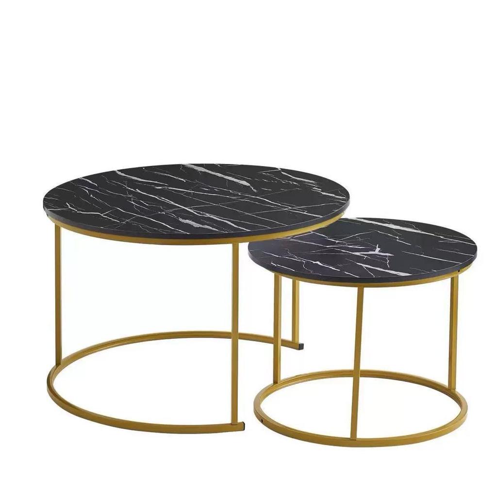 Modern Minimalist Round Coffee Table Set with Stone Pattern and Iron Art Storage