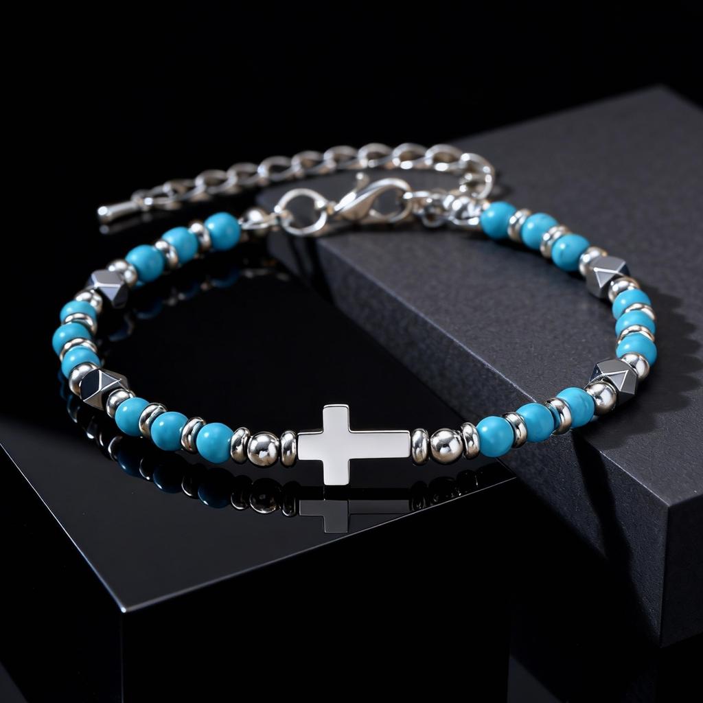 Vintage Klassisches Edelstahl-Kreuz Verstellbares Armband für Herren, Schwarzer Onyx Naturstein Perlenkette Armband, Trendiger Schmuck