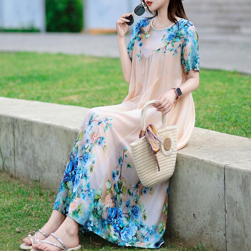 Κομψά Καλοκαιρινά Φαρδιά Φορέματα Γυναικεία Vintage Ρούχα Κοντομάνικο Μεγάλο Μέγεθος Casual Μακρύ Φόρεμα