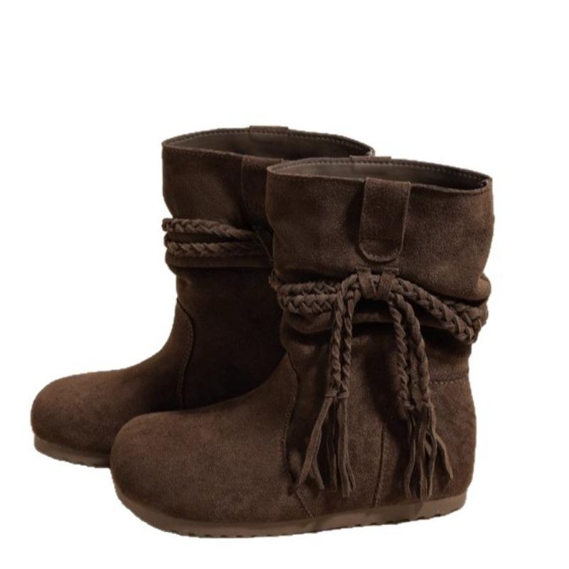 Cowhide version inner height increase Martin boots short boots fringed women's boots autumn new small pile boots