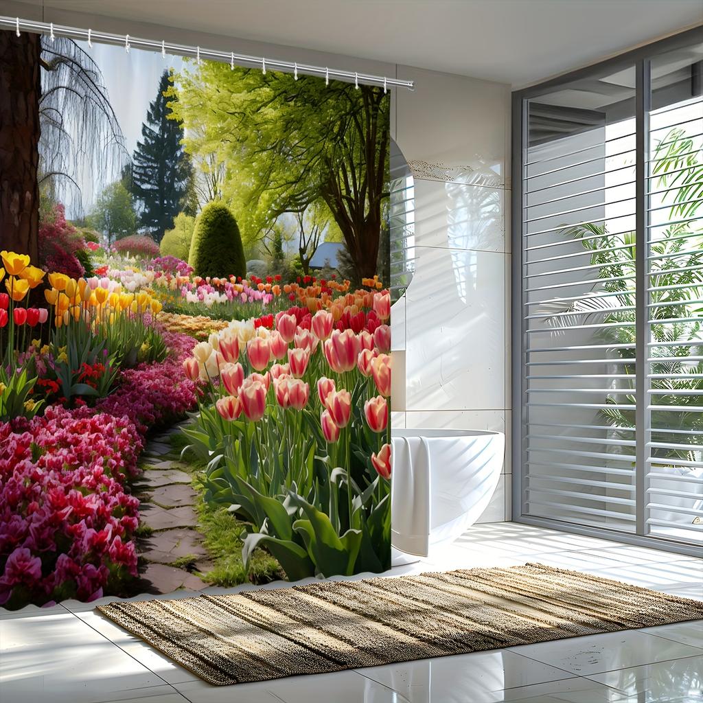 Spring Tulip Garden Shower Curtain - Vibrant Flower Path & Lush Greenery Theme for Bathroom Decor, Adds Freshness and Beauty