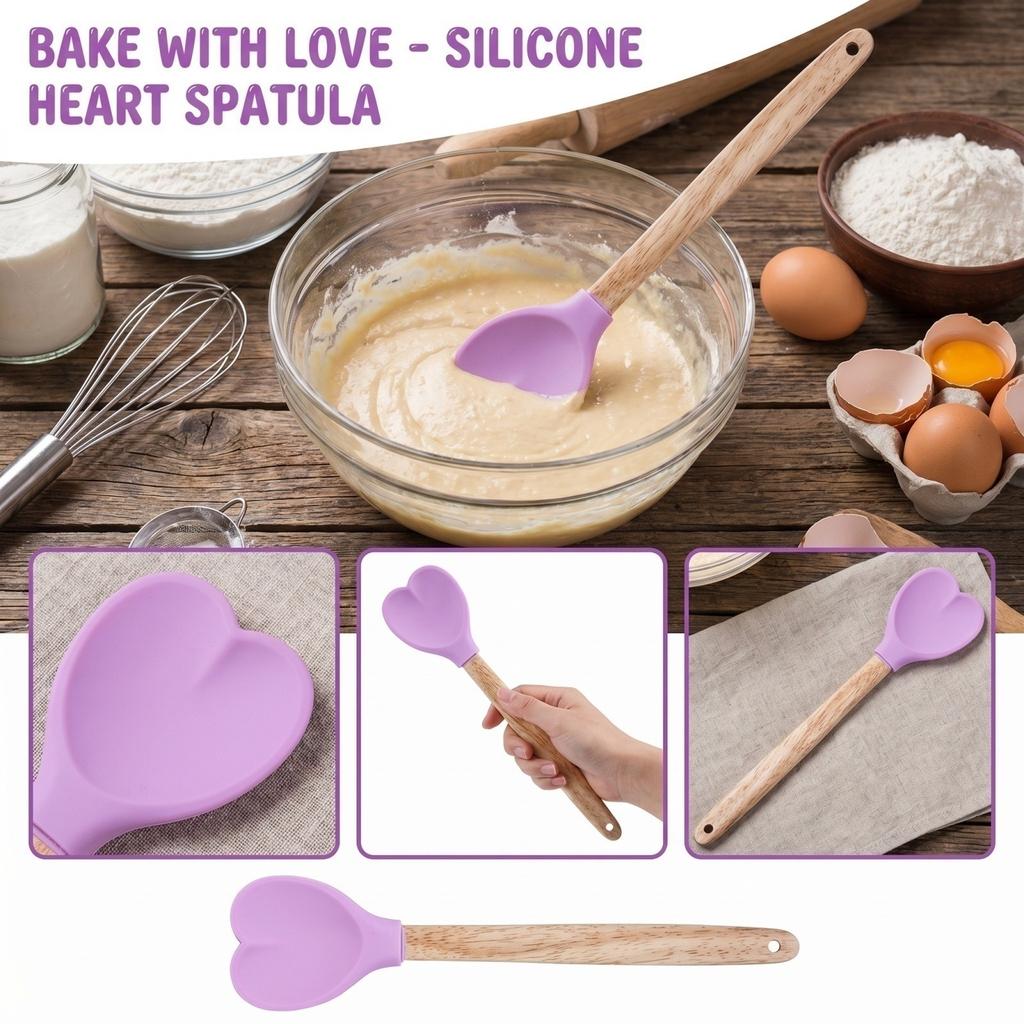 Herzförmige Silikonspatel mit langem Holzgriff zum Mischen und Kochen