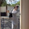 Yellow V-neck Long-sleeved Knitted Dress Women's White Inner Sweater Skirt Pure Desire Slim-fitting Hip-wrapped Long Skirt