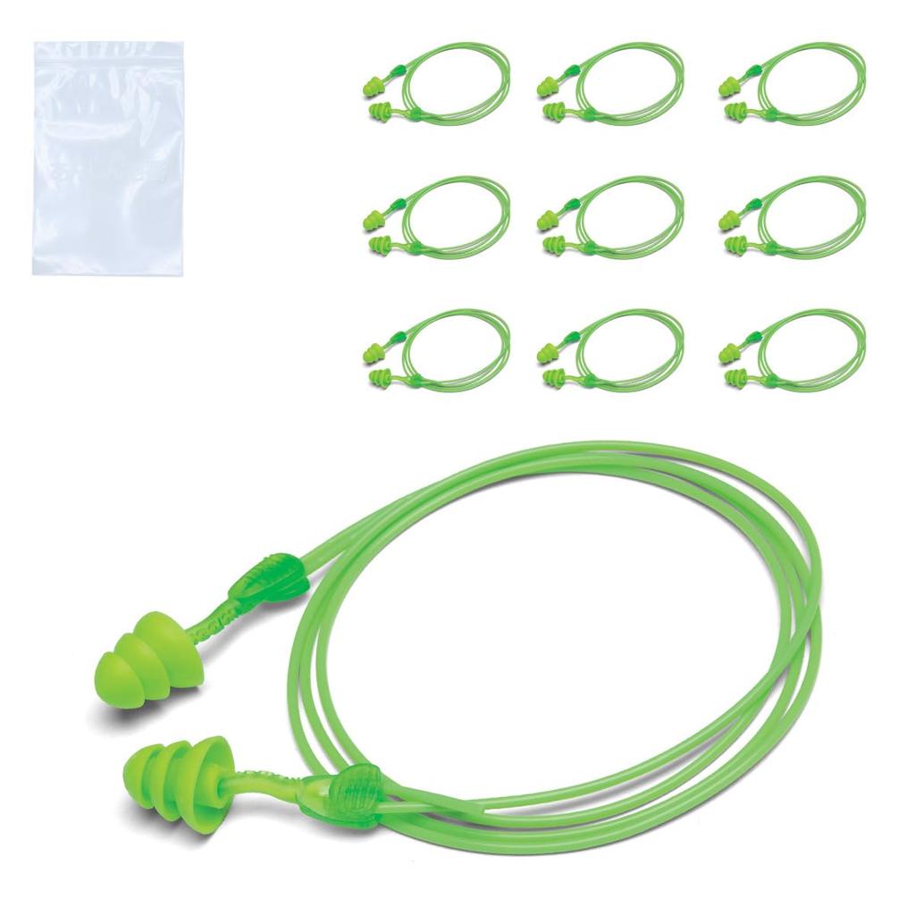 MOLDEX Glide Trio 6445 10 Green Earplugs, Pairs, Corded, Sound-Blocking, Reusable, Washable,