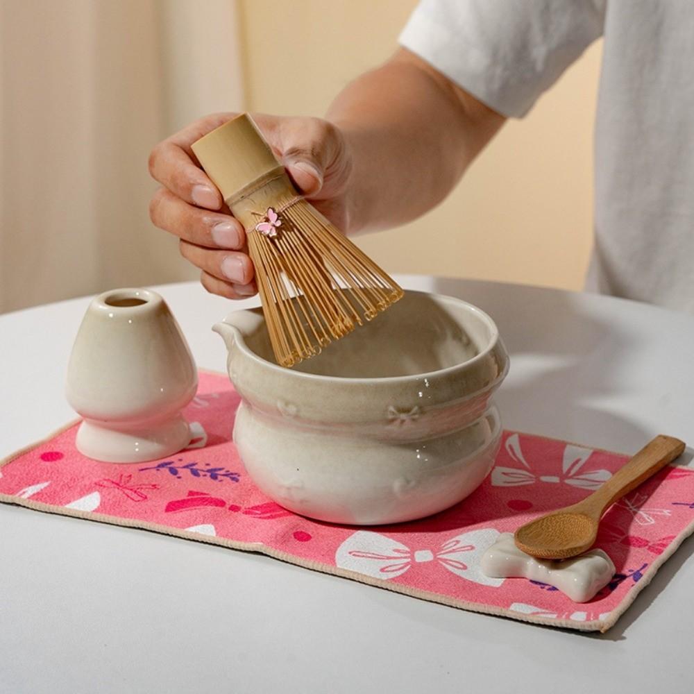 New Ceramic Matcha Bowl Gradient Color with Pouring Spout Matcha Whisk Holder Bowknot Reusable Matcha Making Kit Tea Lovers