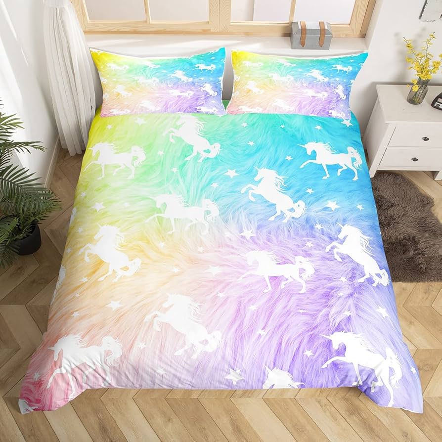 Comforter Kawaii Cartoon Unicorn Girly Fantasy Star Moon Galaxy Bedding Set Twin Queen Size Microfiber Comforter