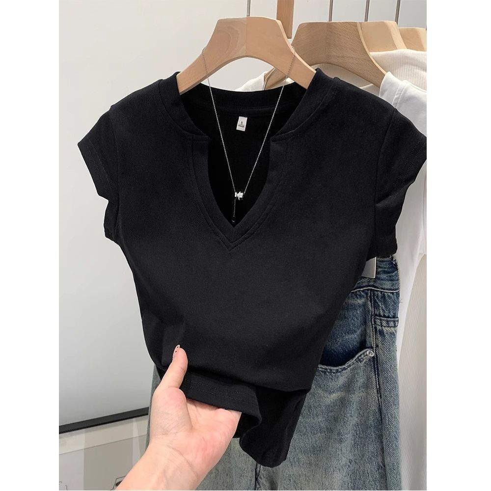 

Женская футболка с коротким рукавом и открытым плечом, с изогнутым нерегулярным V-образным вырезом, летняя, с маленьким дизайном, облегающая, для женщин с темпераментом XL чёрный