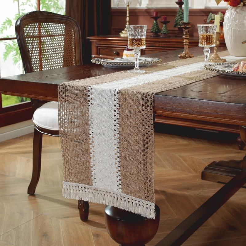 Boho Farmhouse Linen Table Runner–Rustic Macrame with Tassels,Burlap&Cotton Blend for Baby Shower Home Decor and Holiday Events