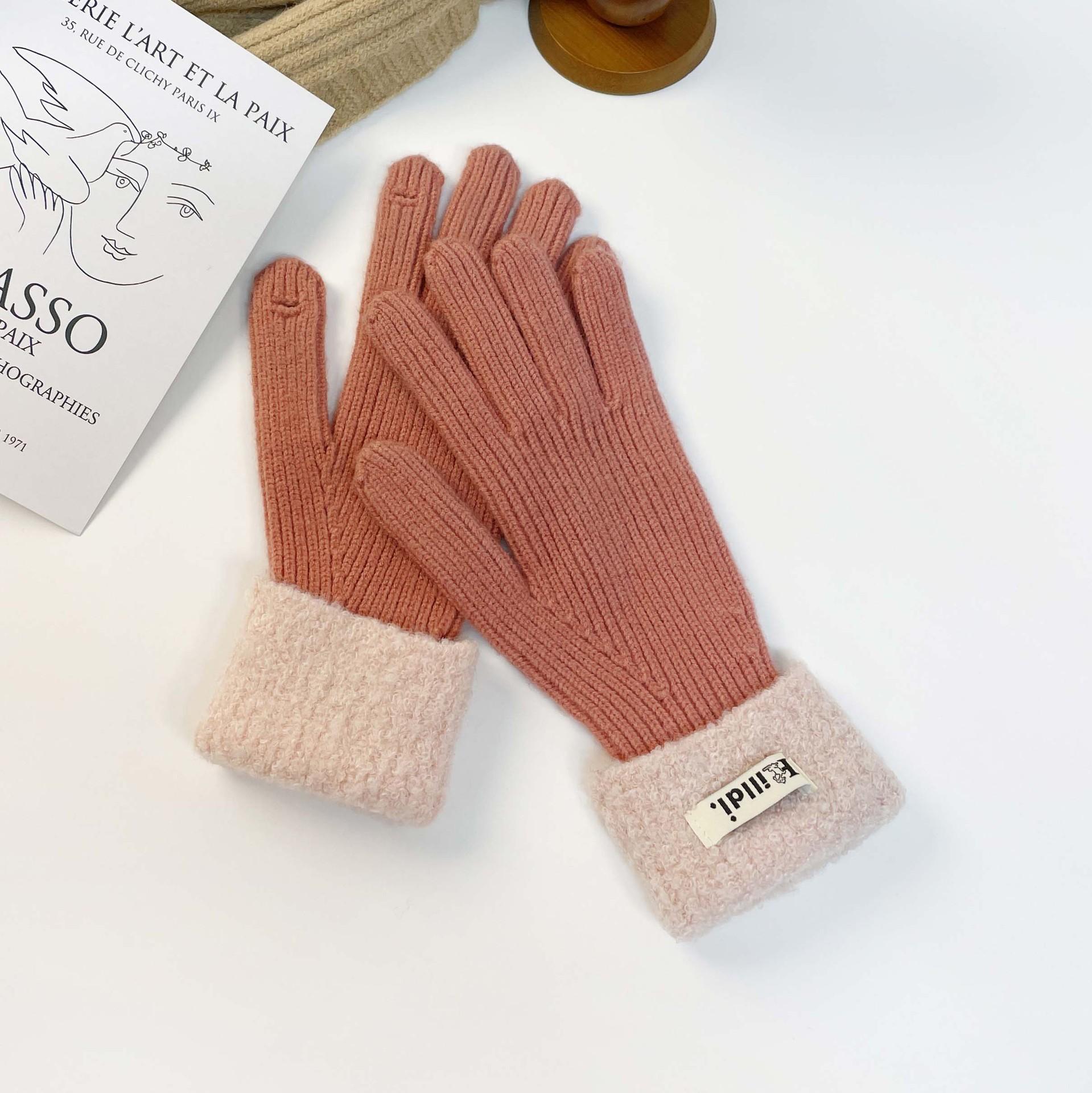 

Solid Color Knitted Touch Screen Gloves Finger Gloves Warm Non-Slip Plush Wool Gloves One Size