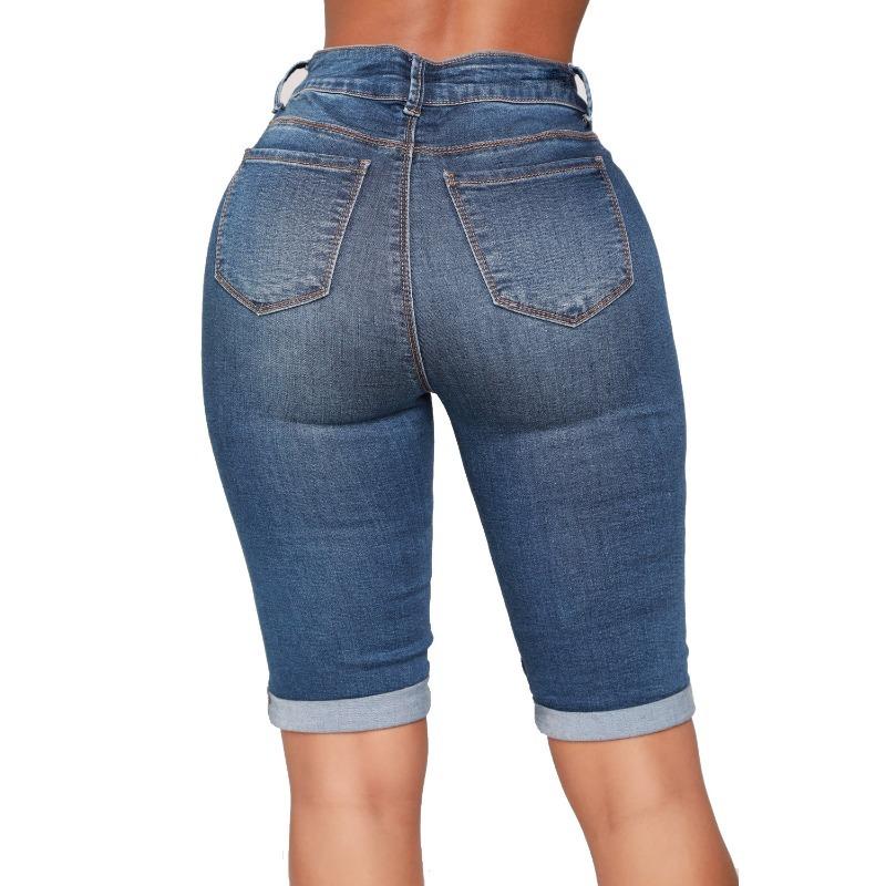 Summer Women's Plus Size Biker Stretch Mid Pants Blue Jeans