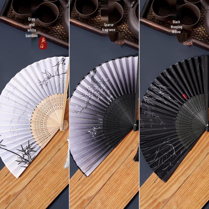 Ancient Chinese Style Black Bamboo Folding Fan for Women's Hanfu Dance Costume