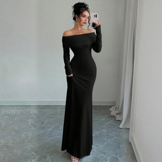 Women Off Shoulder Bodycon Maxi Dress Formal Long Sleeve Evening Gown Ruched Club Party