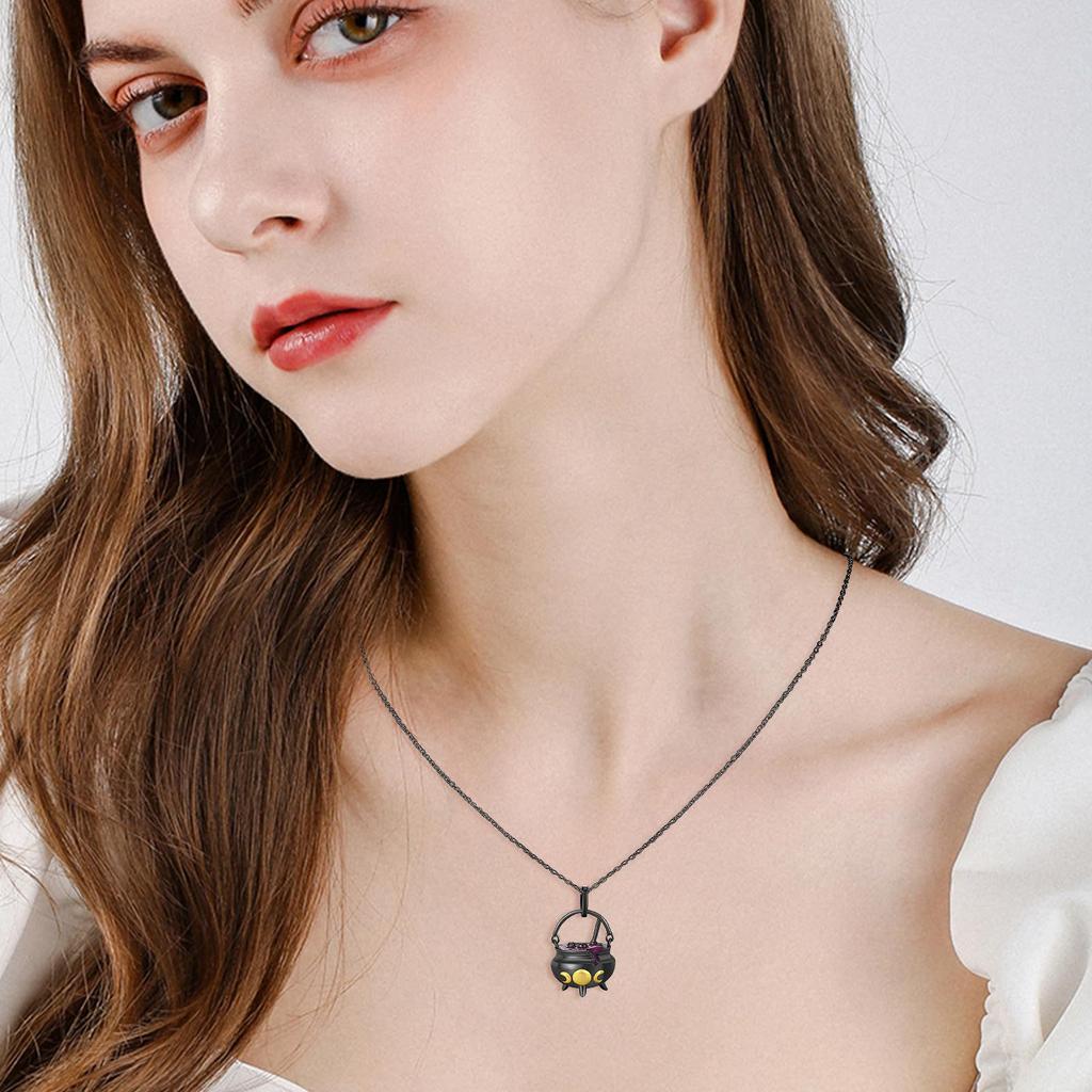 Halloween Gothic Clavicle Necklace, 3D Witch Magic Cauldron Triple Moon Pendant Necklace, Dark Style Statement Neck Accessory