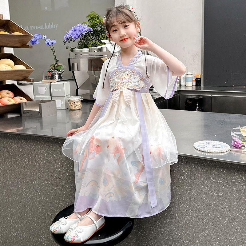 Flickornas Hanfu Sommar Tang-dräkt Prinsessklänning - Kortärmad Forntida Kinesisk Stil Älvkostym