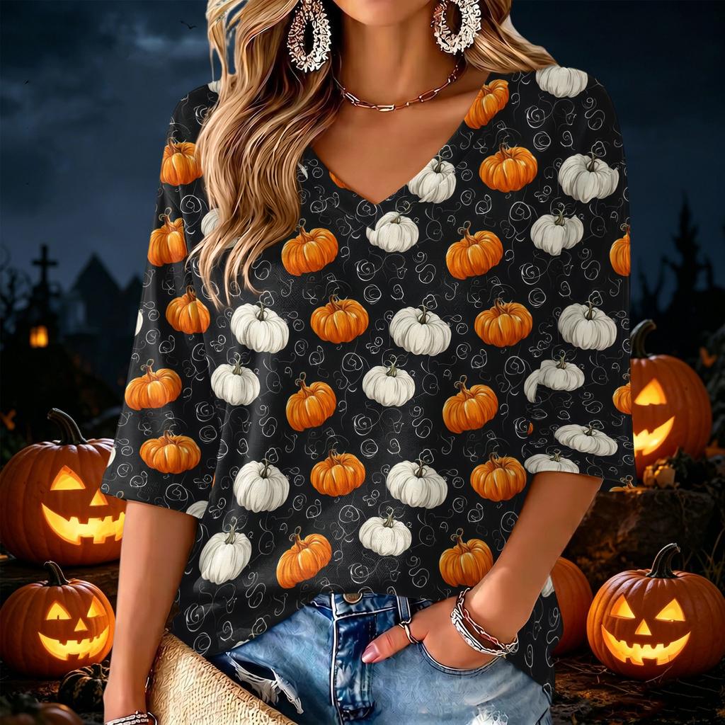 Women's V-Neck Halloween Print Lightweight Blouse for Spring and Summer