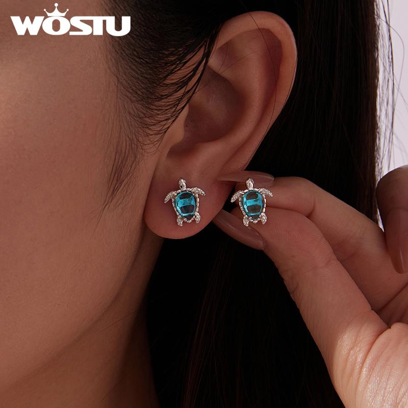 WOSTU Ocean Jewelry Blue Sea Turtle Stud Earrings for Women White Gold Plated Animal Studs 925 Silver backs Holiday Beach Gift