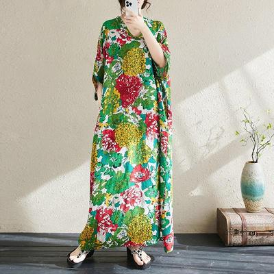 Manches courtes grande taille coton vintage floral nouveau dans les robes pour les femmes décontracté ample Maxi longue robe d'été