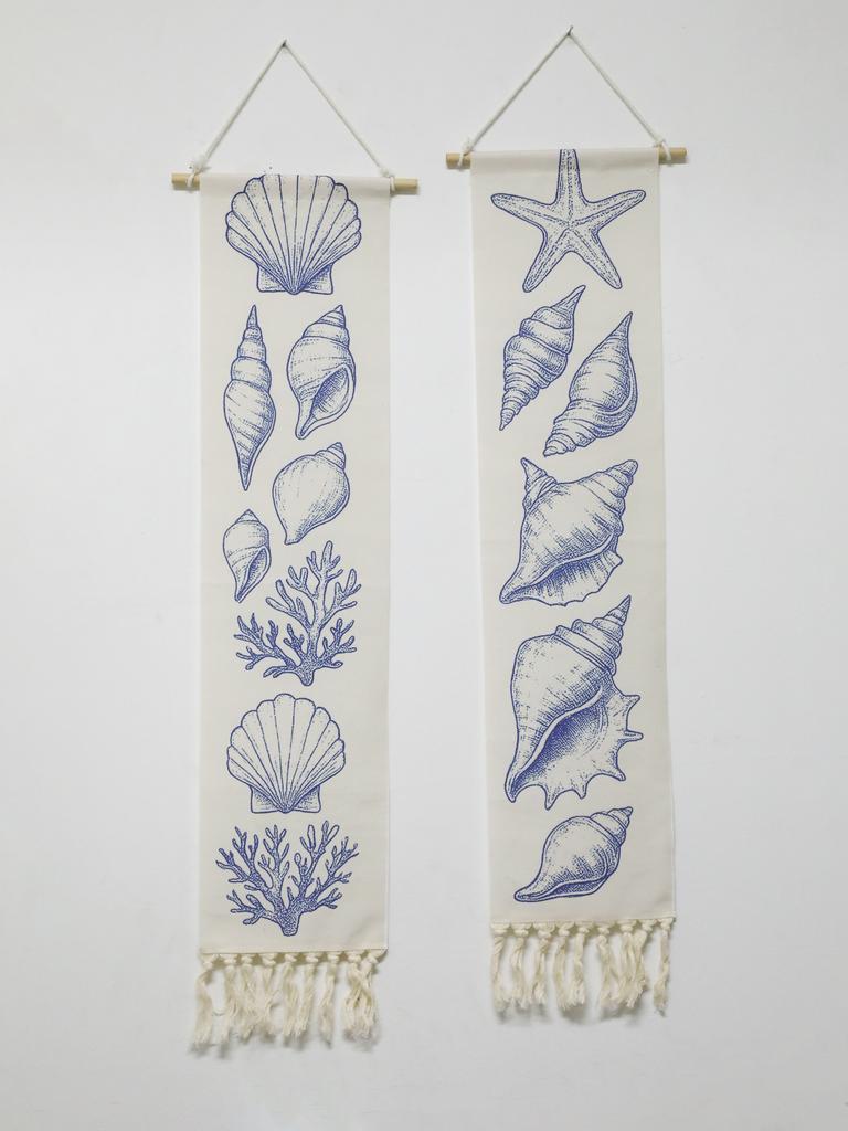 Boho Shell & Conch Wall Tapestry, White Hanging Decor Tapestries with Tassel, Beach Style Home Wall Art for Bedroom, Living Room