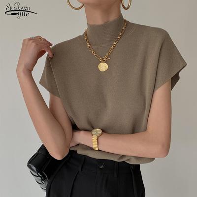 Camicia a maniche corte da ufficio per donna, gilet alla moda, colletto alla coreana, gilet lavorato a maglia sottile, top dritti ed eleganti larghi 18842