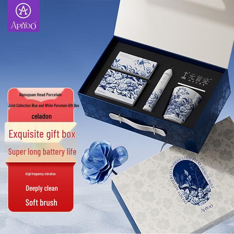 ApiYoo T19 Blue & White Porcelain Sonic Electric Toothbrush Gift Set