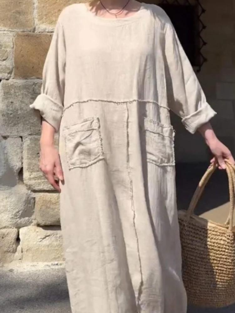 

Летнее женское однотонное платье с круглым вырезом, из хлопка и льна, с длинными рукавами, повседневное, плиссированное, с двусторонними карманами 2XL белый