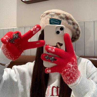 Niedliche Damen Winter Touchscreen Fingerlose Handschuhe, Plus Samt Verdickt, Warmer Wollstrick zum Reiten, Kältefest für Weihnachten.