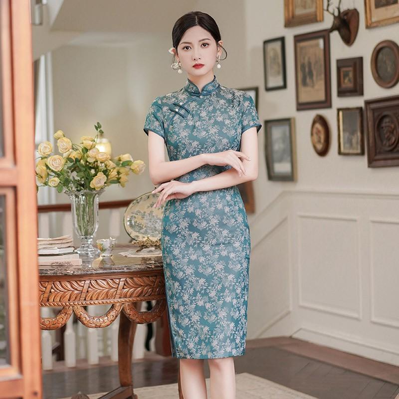 Womens Purple Brocade Qipao Dress Mid-Length Short Sleeve Retro Chinese Style Modern