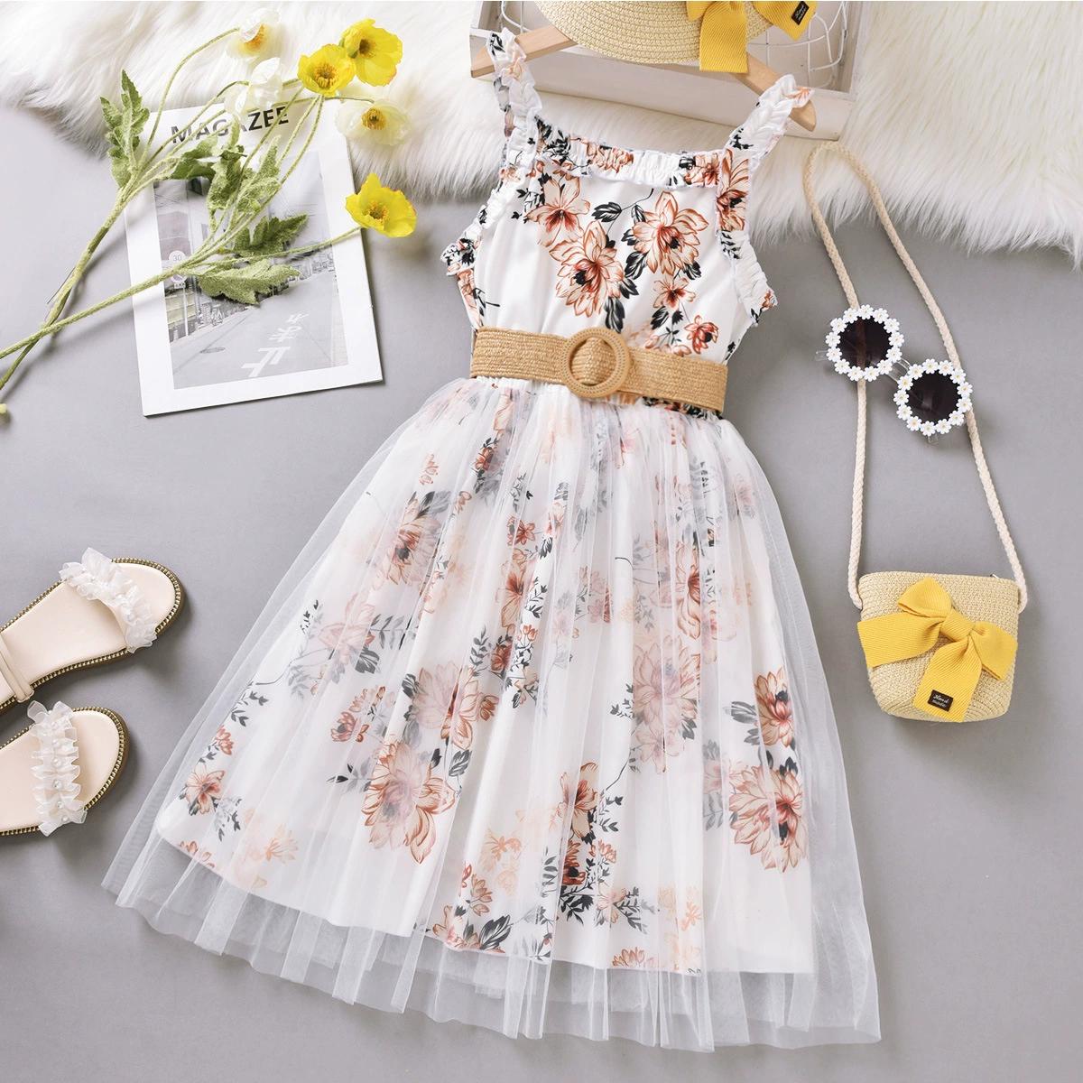 

Girls Spring and Summer Mesh Dresses Middle and Older Children Ruffled Sleeveless Mid-length Dresses 160 білий