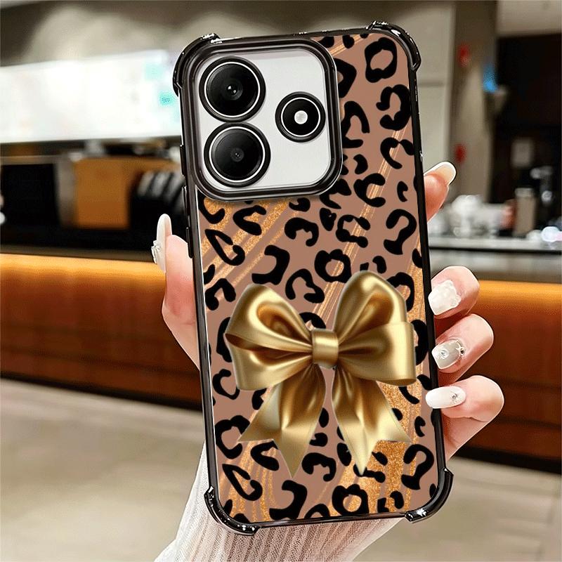 Leopard Print Bow Trend Soft Phone Case For Xiaomi Redmi Note 14 15 Pro Plus 13 12 11S 11T 5G 10 9S 9 Plating Anti-Fall Fundas