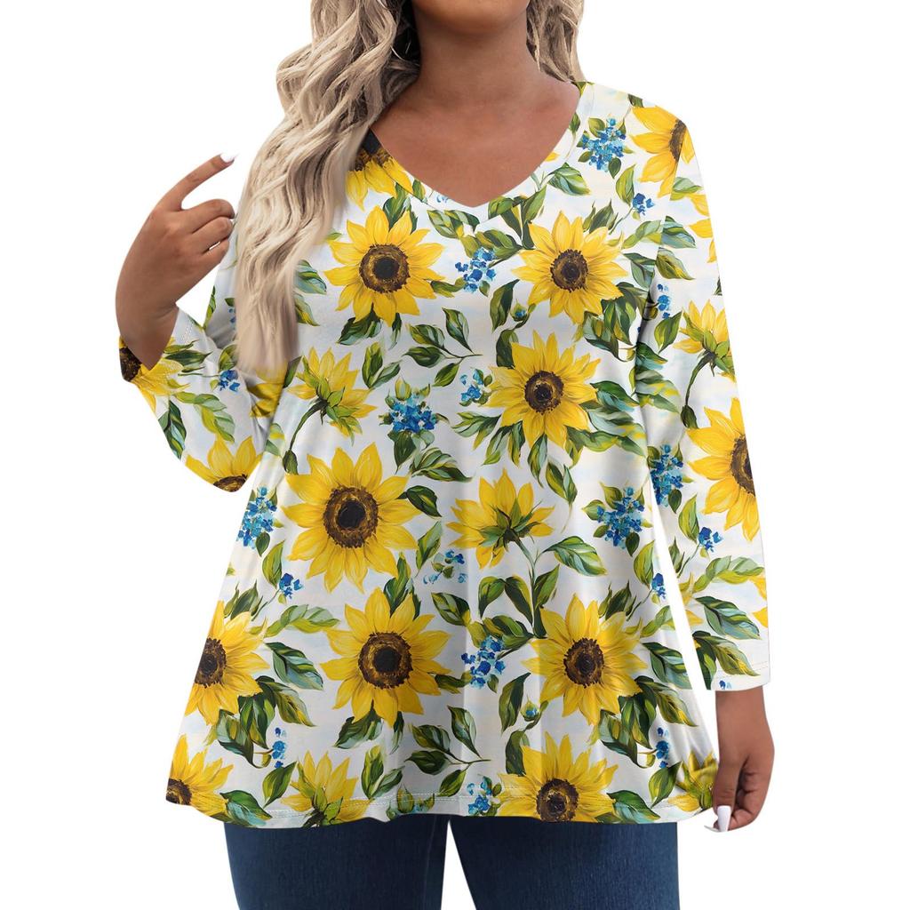 Women's Fashionable Casual Long Sleeved Plus Size Floral Print Top Plus Size Floral Print Top