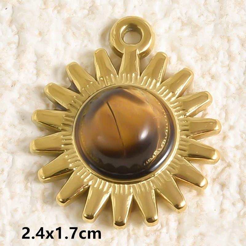 5pcs Real Natural Stone Tiger Eye Charm Sun Eye Oval Boho Pendant Gold Color Stainless Steel Pendants For Jewelry Making Finding