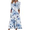 Floral Print V-Neck Mid-Sleeve Casual Dress with Pockets, Button Front, Loose Fit - White/Light Blue/Pink