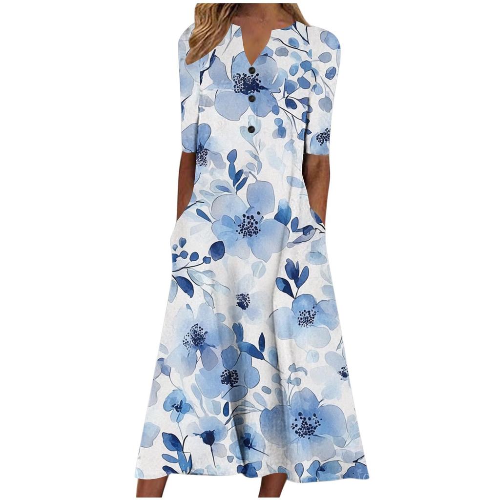 Floral Print V-Neck Mid-Sleeve Casual Dress with Pockets, Button Front, Loose Fit - White/Light Blue/Pink