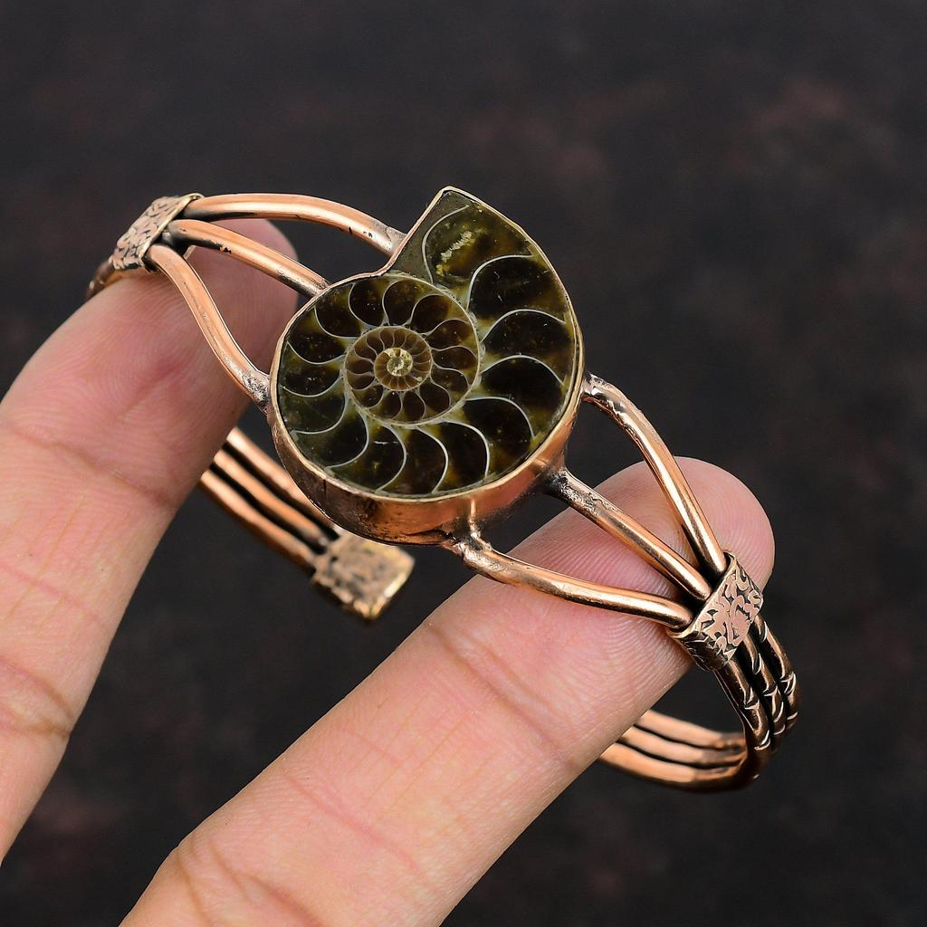 Ammonite Fossil Cuff Bracelet Copper Wire Wrapped Gemstone Bangle Adjustable Cuff Bracelet Handmade Stylish Bangle Copper Jewelry For Gifts