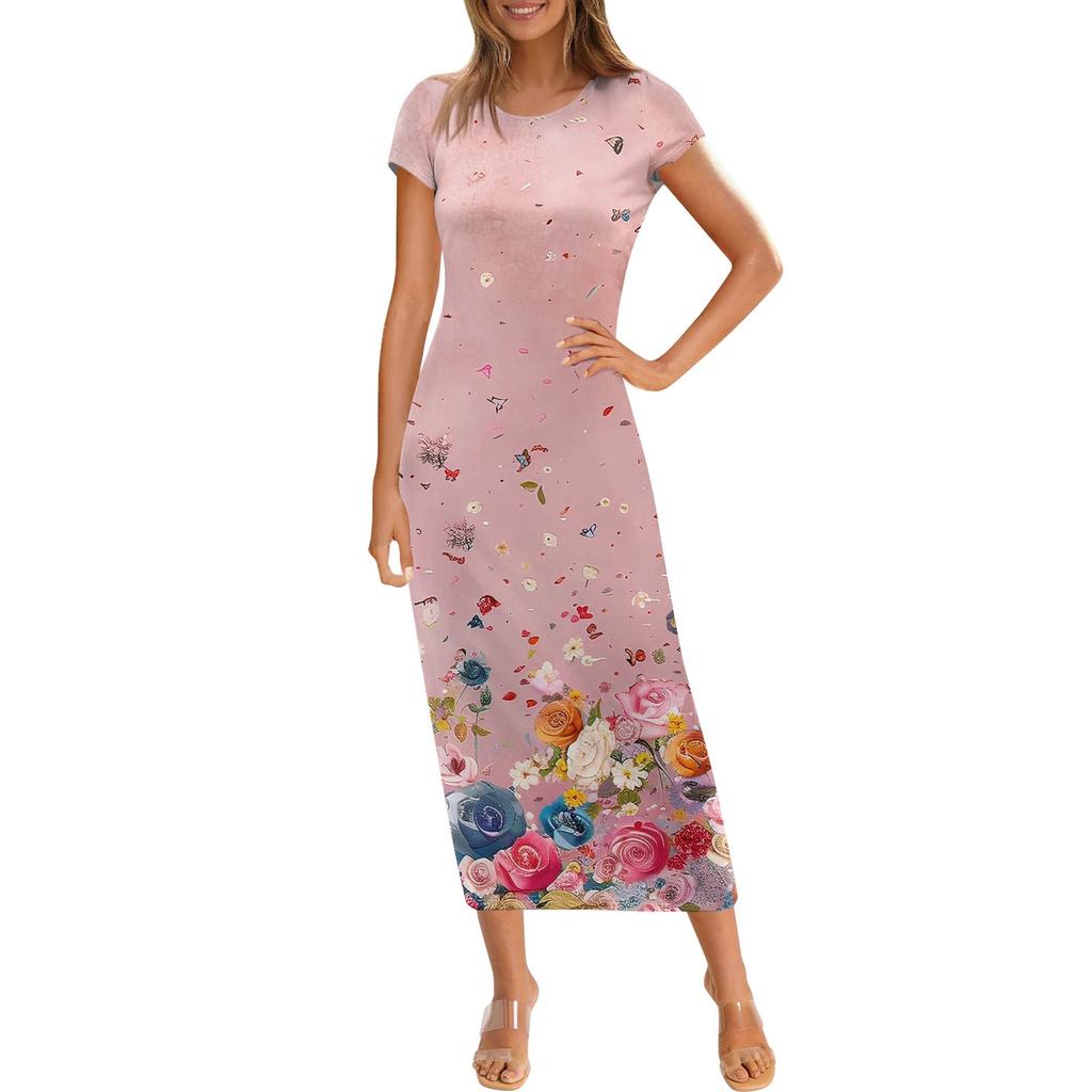 Women's Fashion Casual Print Round Neck Short Sleeve Long Dress